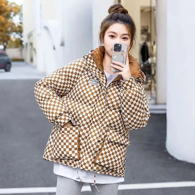 Loose Hooded Plaid Coat