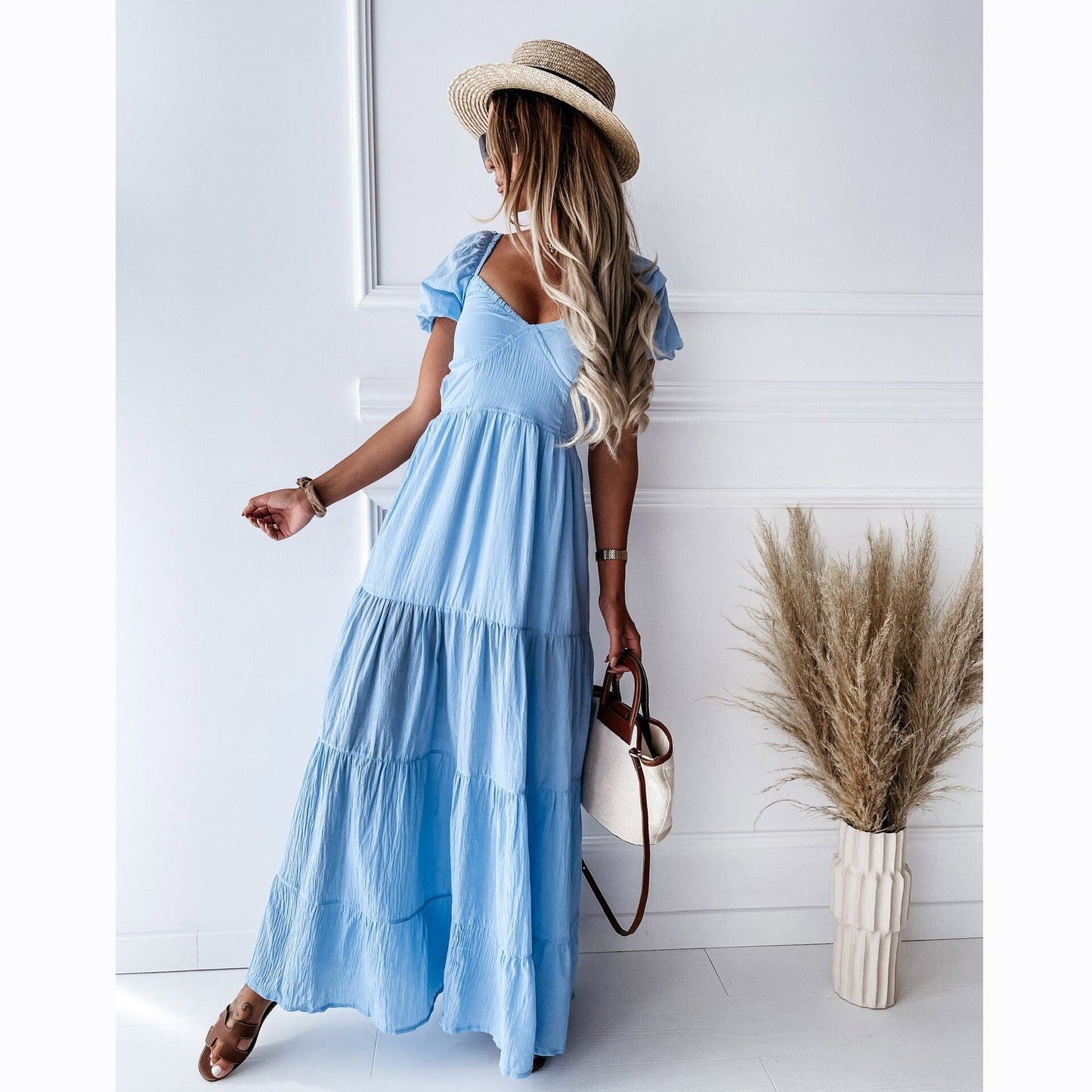 Square Neck Pleated High Waist Dress