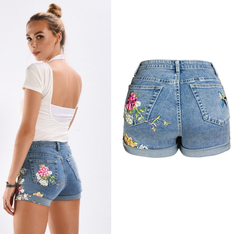 Bird & Flower Embroidery Denim Shorts