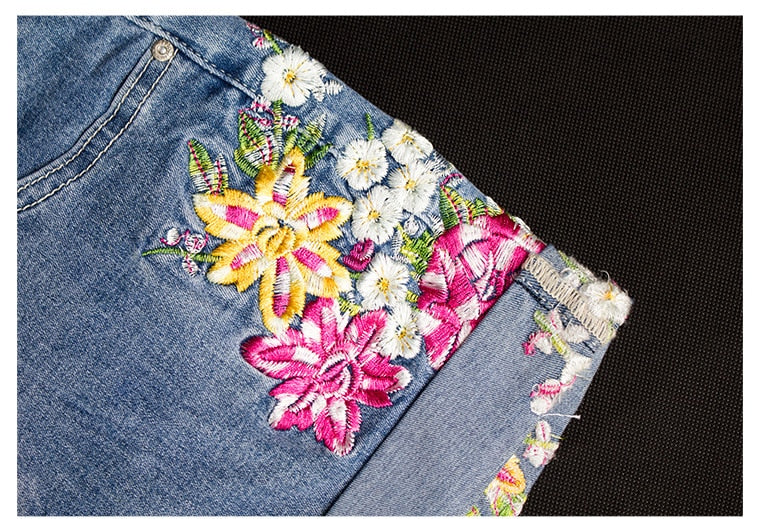 Bird & Flower Embroidery Denim Shorts