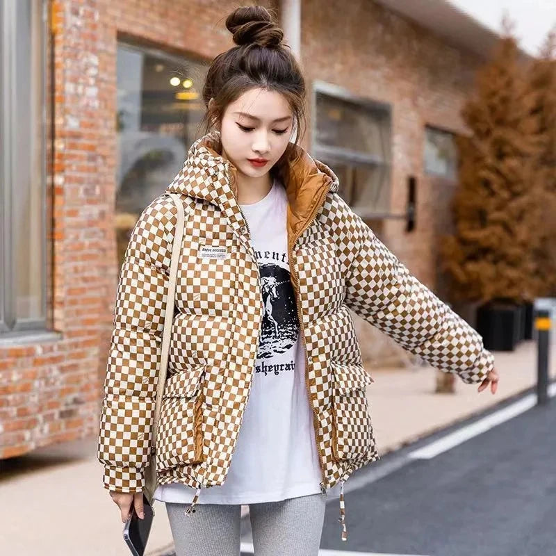 Loose Hooded Plaid Coat