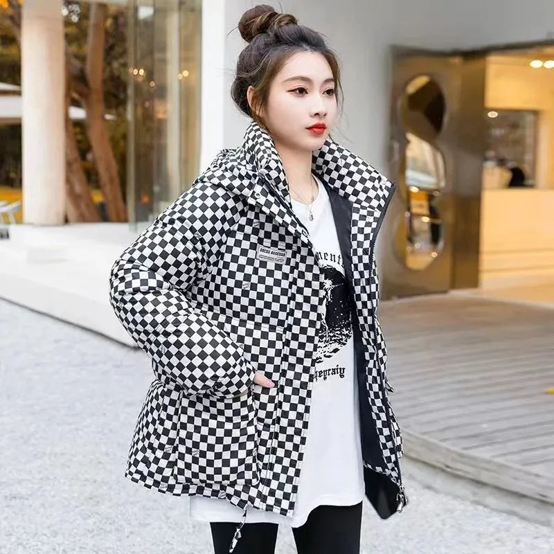 Loose Hooded Plaid Coat