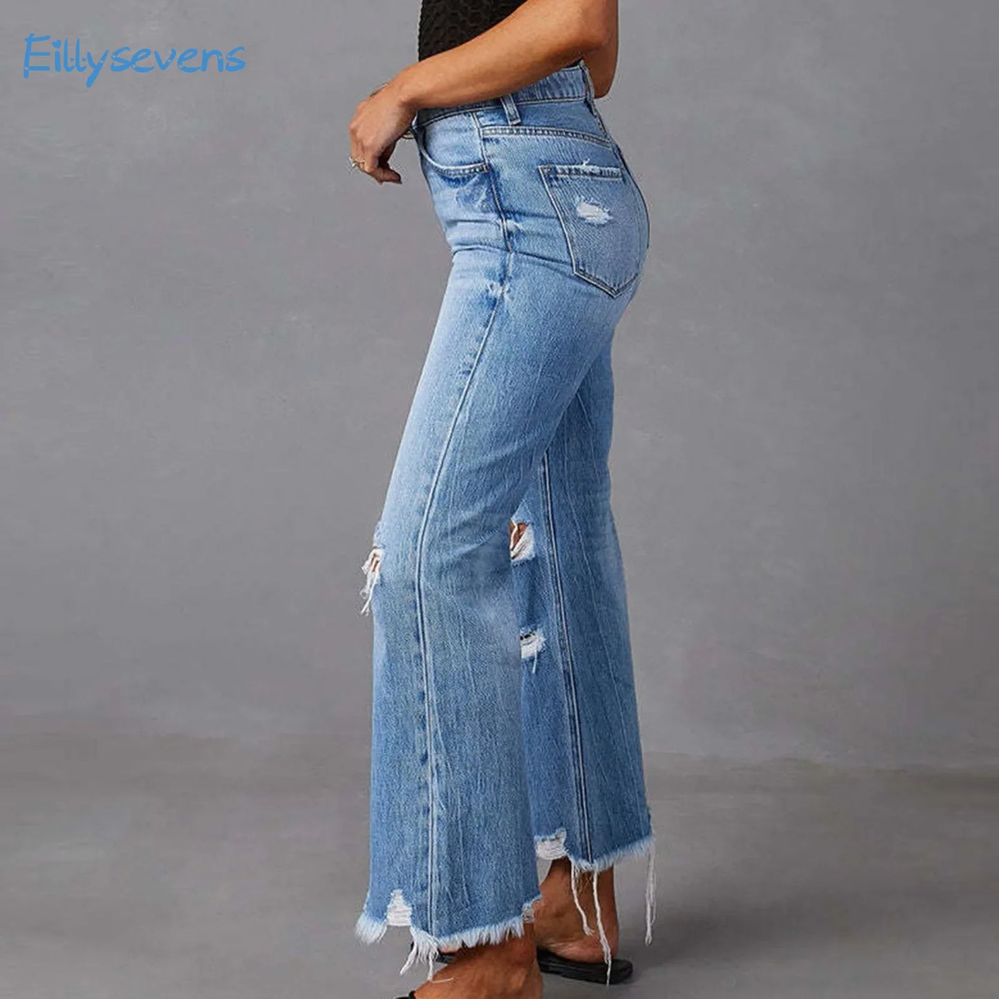 Fashion Broken Holes Jeans Tassel Bootcut Jeans Women'S Daily Casual All-Match Street Style Cropped Pants Commuter Denim Pants