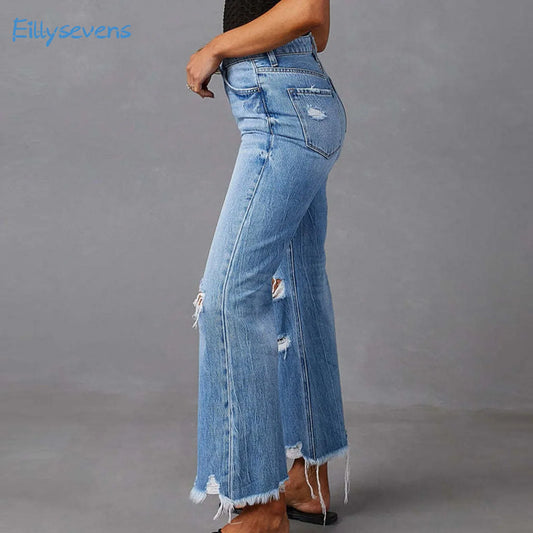 Fashion Broken Holes Jeans Tassel Bootcut Jeans Women'S Daily Casual All-Match Street Style Cropped Pants Commuter Denim Pants