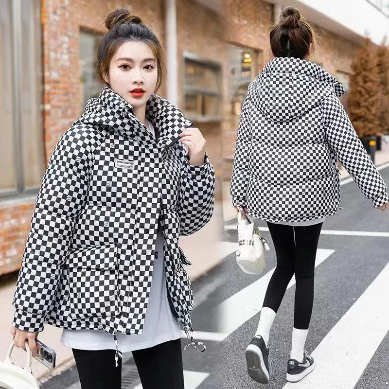 Loose Hooded Plaid Coat