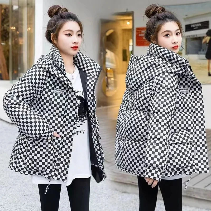 Loose Hooded Plaid Coat