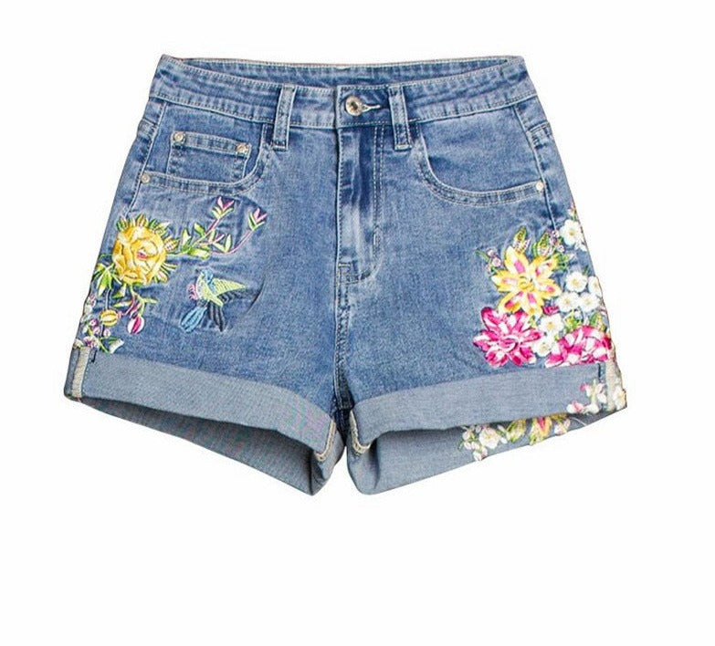 Bird & Flower Embroidery Denim Shorts