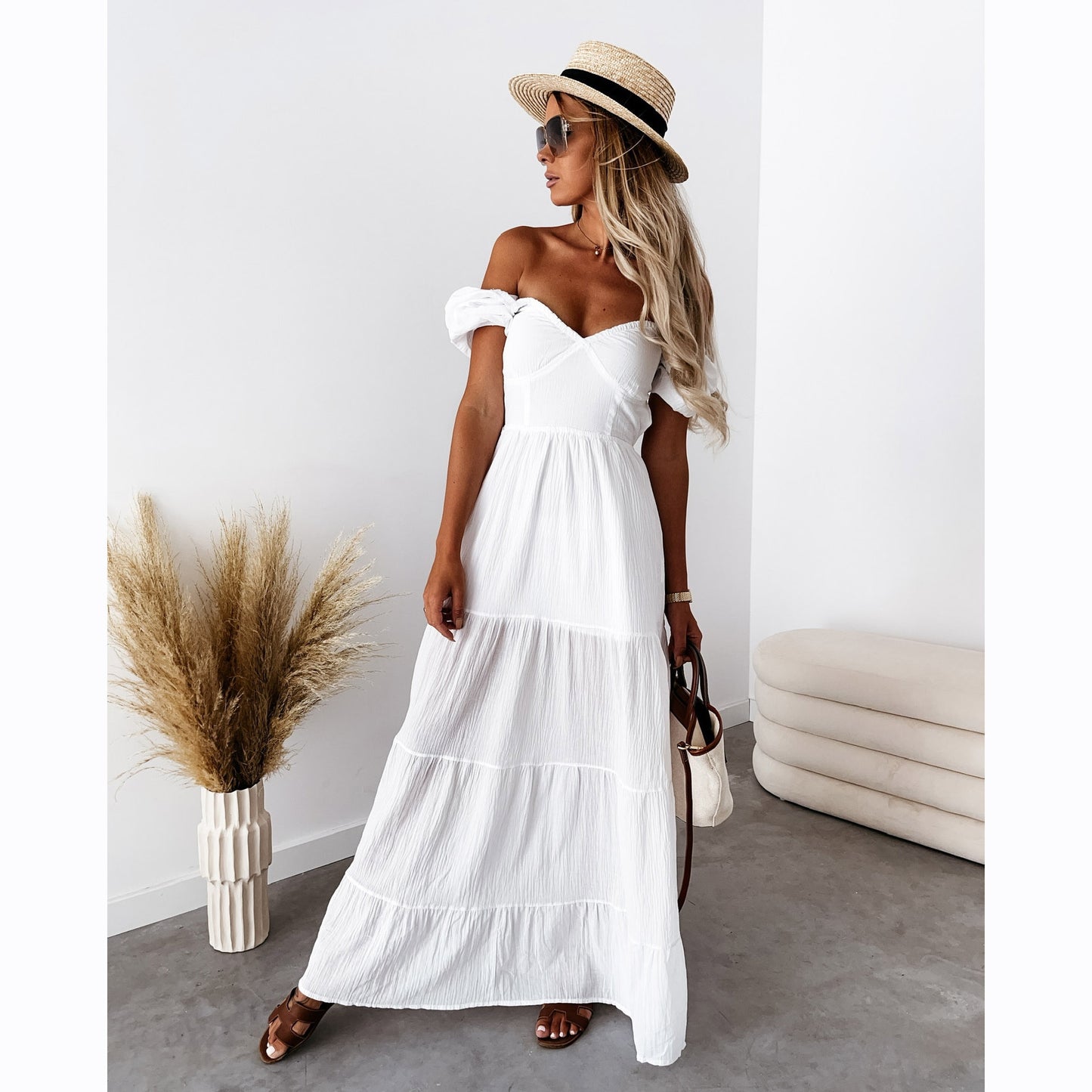 Square Neck Pleated High Waist Dress